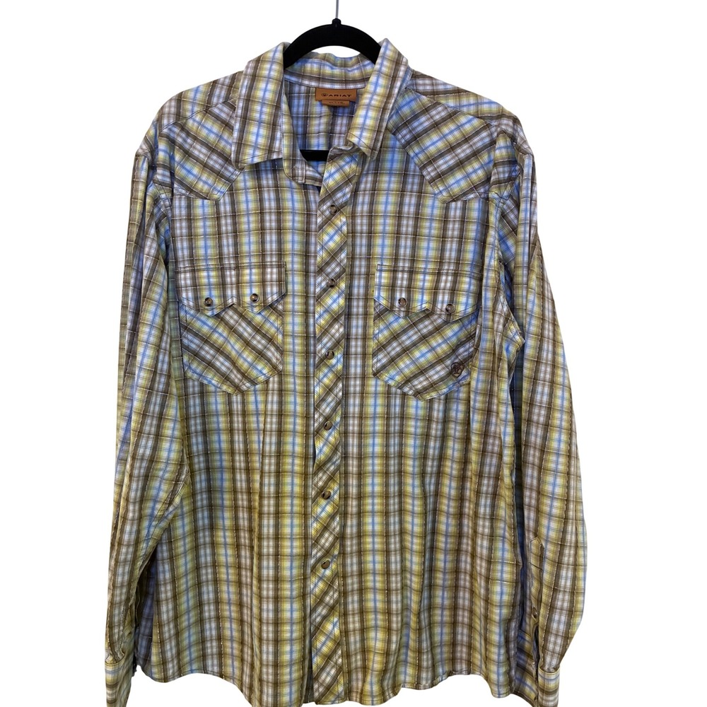 Ariat Western Plaid Snap Shirt Silver Metallic Thread Pearl Button XL Brown
